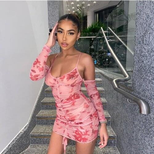 2021 Best Quality Famous Brand Dress Print Spaghetti Strap Long Sleeve Summer Sexy Club Mini Dress Vestidos