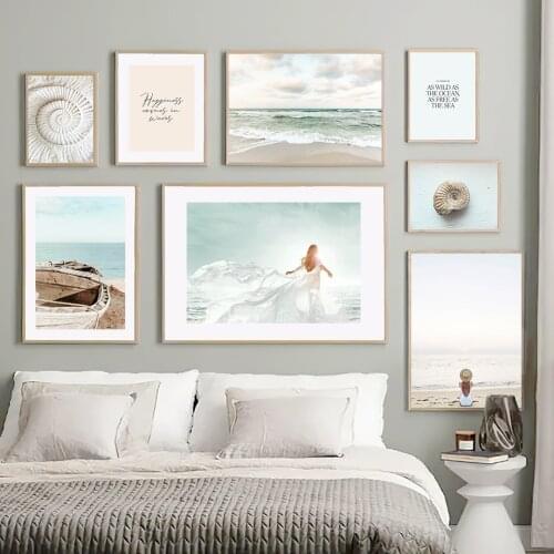 Beach Girl Wooden Boat Sea Shell Quotes Wall Art Canvas Painting Nordic Posters And Prints Wall Pictures For Living Room Decor
