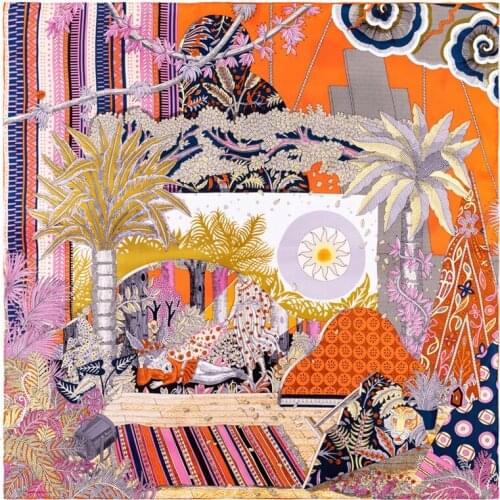 POBING Manual Hand Rolled Twill Silk Scarf Women Sun World Square Scarves Echarpes Foulards Femme Wrap Lady Bandana Hijab 90CM