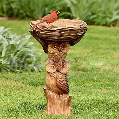 Resin Bird Feeder Owl Shape Artwork Delicate Statue Multi-use Outdoor Bath Tray Garden Decoration 13cm x 13cm x 23cm