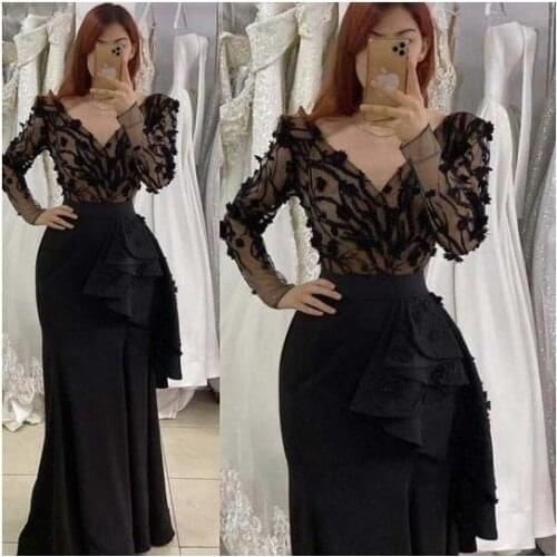 SuperKimJo Robe De Soirée De Mariage Modest Black Evening Dresses Long Sleeve Lace Applique Mermaid Elegant Formal Wear