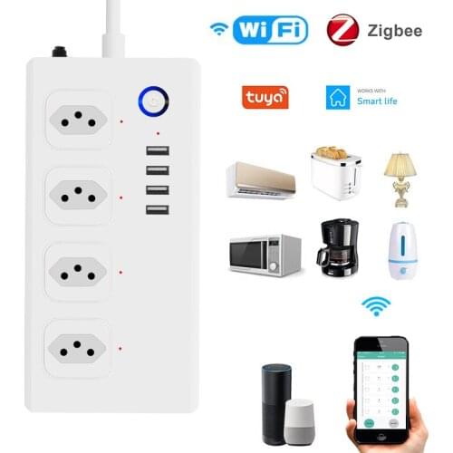 Tuya Multiple Plug BR WiFi ZigBee Smart Power Strip 1.5m Electric Extension Cable with 4 USB Work with Alexa Google Home