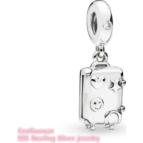 Spring 100% 925 Sterling Silver Suitcase Dangle Charm Pink Enamel beads Fits Original Pandora bracelets Jewelry Making