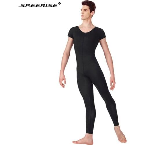 SPEERIS Adult Black Mens Unitard One Piece Ballet Short Sleeve Full Body Tight Jumpsuit Unitards Dance Costumes Bodysuit