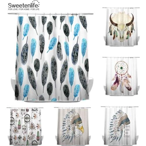 Sweetenlife 180x180cm Indian Style Bath Curtain 100% Polyester Shower Curtain Light Color Feather Waterproof Curtain Wholesaling