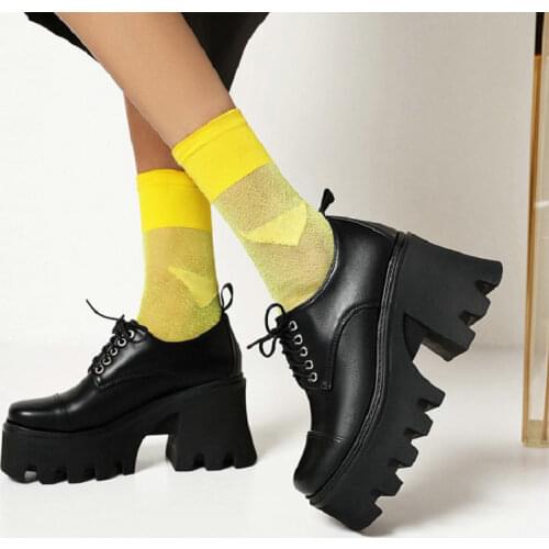 ZawsThia 2021 New Punk Rock Fetish Ins Silver Black Round Toe Chunky Heels Lace-up Womans Shoes Creepers Goth Platform Pumps