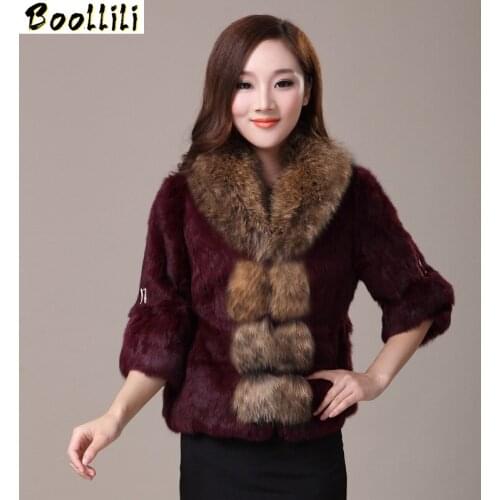 Boollili 2020 Genuine Rabbit Fur Coat Women Full Pelt Rabbit Fur Jacket Female Large Real Raccoon Fur Collar Winter Outwear