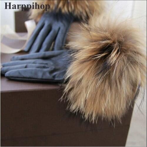 2021 new Real Raccoon Fur Gloves Leather Womens Gloves Fashion Luxury Big Raccoon Fur Sheepskin Genuine Leather Gloves Female