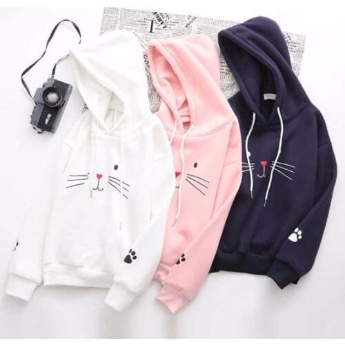 Cute Cat Print 2021 New WomenS Sweatshirt Warm Vintage Pullover For Woman Fashion Korean Round Neck Hoodie Female