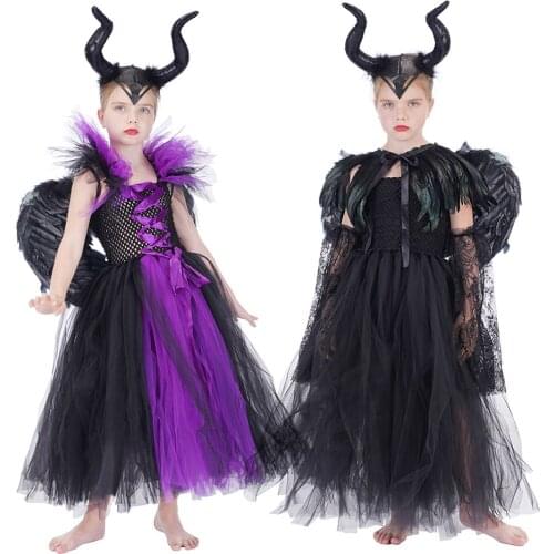 Maleficent Costume Kids Black Devil Tutu Dress Gothic Halloween Girls Fancy Clothing Feather Shawl Royal Dark Queen Maleficent