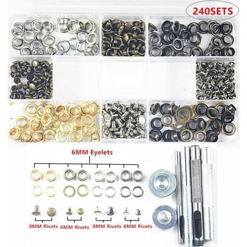 120sets Metal Eyelets with Grommets+120sets 6/8mm Double Cap Rivets Studs Round Rapid Rivet for Belt Bag Clothing+Mounting Tools