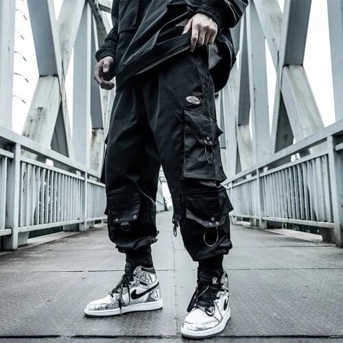 Harajuku Paratrooper Pants Mens clothes Loose Trendy Hip Hop Drawstring Cargo Pants Multi-pocket Drawstring Overalls Hip hop