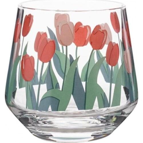 Tea Cups Juice Milk Glasses Coffee Mug Water Cup Vintage Tulip Print Transparent Beer Whisky Milk Glass Cup Home Restaurant Mug