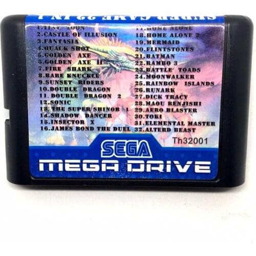 MD 32 In 1 Game cartridge With Double dragon 1/2, Golder Axe 1/2, Battle Toads, Toki, Sonic SEGA GENESIS MegaDrive 16 bit Game