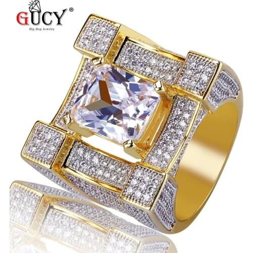 GUCY Hip Hop Ring Micro Pave Cubic Zircon Rings All Iced Out Gold Color Plated Personality Fashion Glamour Jewelry Gift For Men