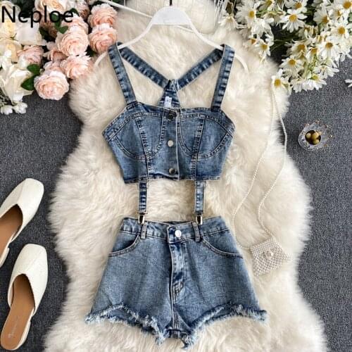 Neploe 2 Piece Set Women Denim Sexy Single Breasted Sleeveless Camis Top+Zipper Fly Button Pockets Shorts Fashion Suits 1C361
