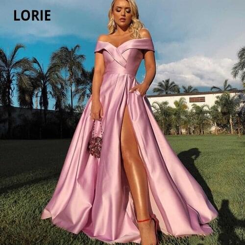 LORIE Off the Shoulder Pink Evening Gown Satin Formal Prom Dresses Long Open Back Celebrity Dresses with Pockets Plus Size 2020