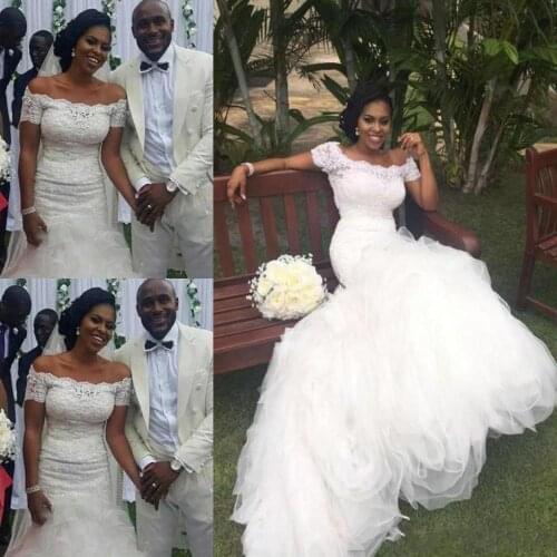 Trendy Lace Ruffles African Mermaid Wedding Dresses Sheer Short Sleeve Tiers Plus Size Fitted 2021 Bridal Gown