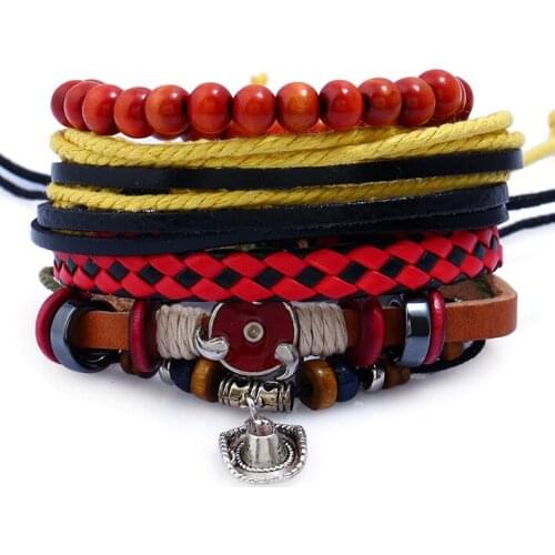 Fashion Hippie Hat Beads Charm Bracelets Set Cowgirl Multilayer Braided Leather Rope Bangle Wrap Wristbands Vintage Jewelry Gift