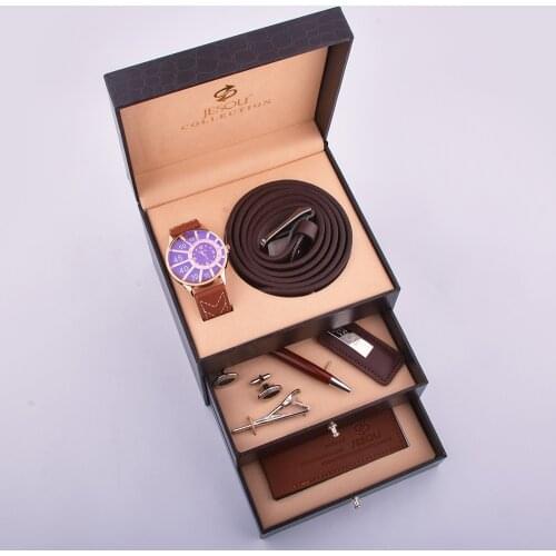 Top Brand Men Watch Gift Set 7pcs 3 Steps Three-Fold Personality Birthday Gift Set Leather Belt Key Chain Wallet Set For Husband