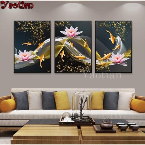 3Piece Diamond Painting Full Square Round Drill 5D Diy Abstract Koi Fish Lotus Diamond embroidery Diamond Mosaic Nordic style