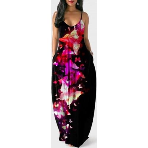 New Maxi Dress Womens Summer Long Dress Loose Sexy Suspender Sleeveless Pocket Butterfly Tie Dye Casual Plus Size Beach Dresses