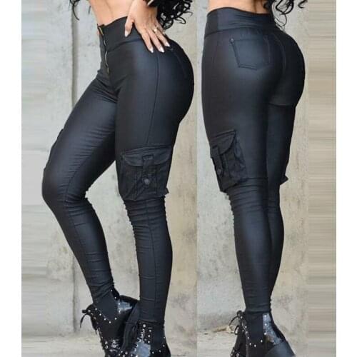 Wepbel Solid Color Leather Pants Fashion Punk Style Black Pu Cargo Bag Tight Trousers Sexy Skinny High Waist Skinny Pants