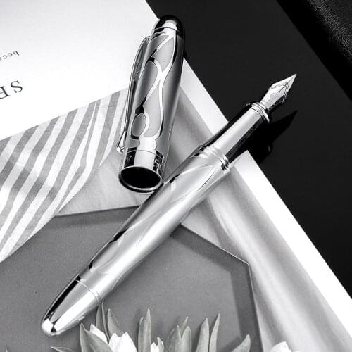 HongDian Metal Silver Fountain Pen Renaissance 5010 Beautiful Embossed Iridum EF/F Nib Writing Gift Ink Pen for Business Office