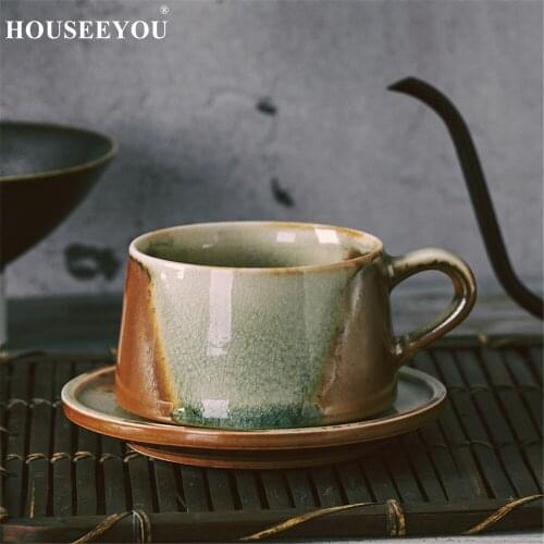 Handmade Ice Cracked Glazed Ceramic Coffee Cup Saucer Set Japanese Pottery Art Teacup Mug Home Office Bar Drinkware