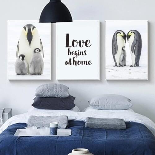 Warm Cute Penguin Family Love Begins At Home Canvas Painting Poster Print POP Wall Art Pictures Living Room Home Decor Cuadros