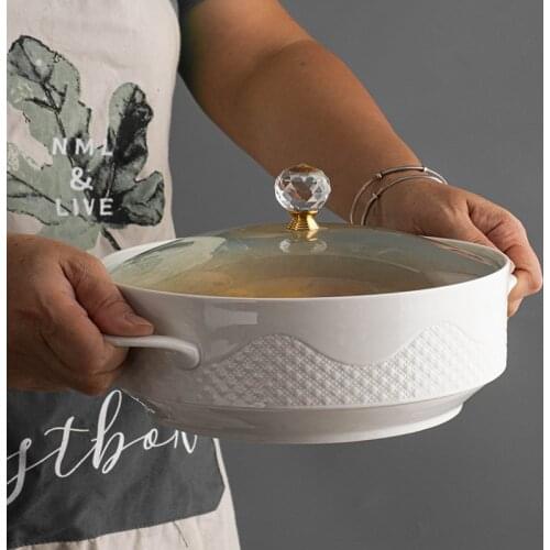 Creative Nordic Ceramic Handle Salad Fruit Soup Bowl With Lid Anti-scalding Noodle Rice Food Pot Dessert Breakfast Oat WF