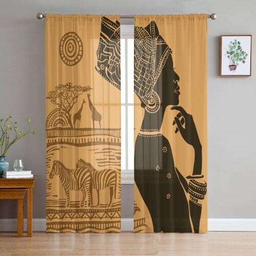 African Women Ethnic Giraffe Zebra Tulle Sheer Window Curtains for Living Room Kitchen Children Bedroom Voile Hanging Curtain
