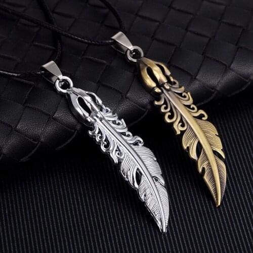 Vintage Style Metal Feather Necklace Fashion Cool Men Accessories Personality Pendant With Rope Chain Gift