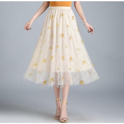 Summer Thin Butterfly Mesh Half-length Skirt 2021 Women Korean Elegant High Waist Mid-length A-line Skirts Streetwear Female