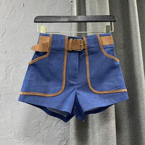 PREPOMP 2021 Autumn New Arrival Dark Blue Denim Shorts With Belt Streetwear Women Short Jeans GC327
