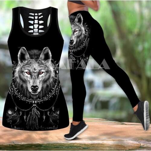 Native Indian Dark Wolf Animal Art Two Piece Yoga Set Women 3D Print Hollow Out Tank Top High Waist Legging Summer Casual Sport