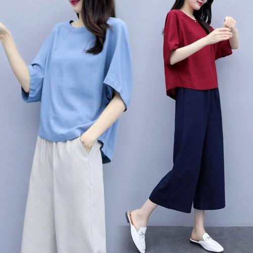 2019 New Women Summer Cotton Linen Blouse & Wide Leg Pants women two piece outfits Office Fashion short Sleeve Suits Female