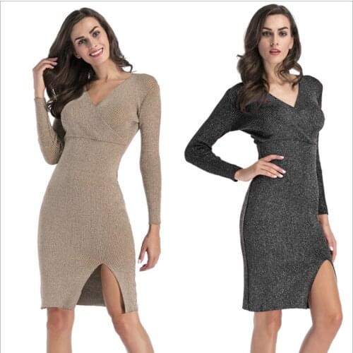Autumn New Ladies Dress Solid Color Knitting Bottoming V-neck Long-sleeved Waist Commuter Slit Mid-length Woman Skirt WE451