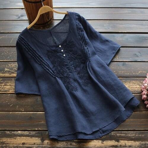 2020 Summer Casual Womens Short Sleeve Embroidery Green Navy White Linen Top Blouse Shirt , Woman Clothes , 4xl Shirts Blouses