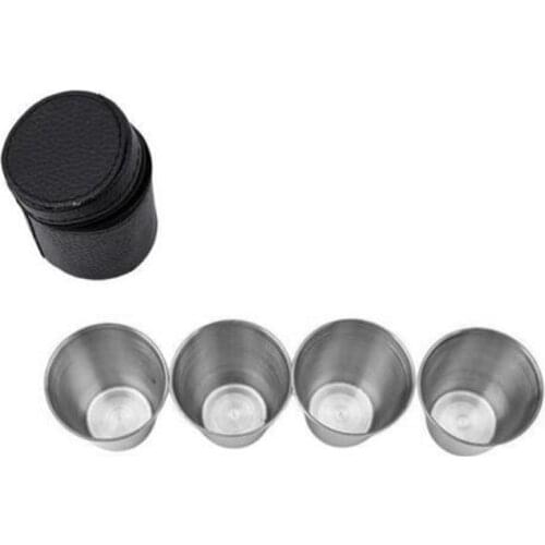 4 Pcs / Set Polished 30 Ml Mini Stainless Steel Shot Glass Cup Drinking Wine Glasses With Leather Cover Bag For Home Kitchen Ba
