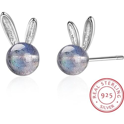 925 Sterling Silver Lucky Earrings Rabbit New Year Multicolored Moonstone Ear Studs E43