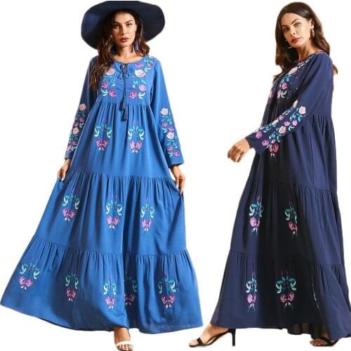 Abaya Muslim Women Long Dress Embroidery Long Sleeve Kaftan Maxi Robe Boho Holiday Islamic Ramadan Thobe Jilbab Loose Dresses