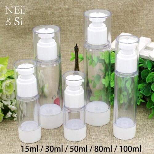 Free Shipping 15m/30ml/50ml/80ml/100ml Plastic Airless Pump Bottle White Cosmetic Eye Cream Essence Lotion Press Bottles