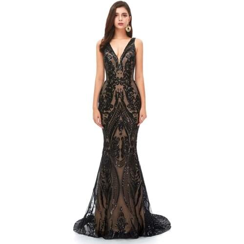 Black V-neck Sequin fish tail small tail sexy party dress elegant dress customization dress