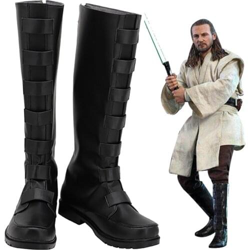 Qui-Gon Jinn Cosplay Boots Black Leather Shoes Custom Made for Unisex