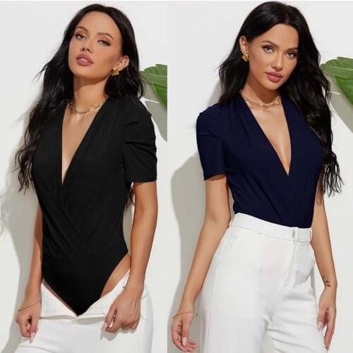 Short Sleeve Bodysuit Jumpsuit Bodycon Basic Body Tops Tees Women Female Sexy Slim Deep V Neck Fashion Stretch Cross Lingerie