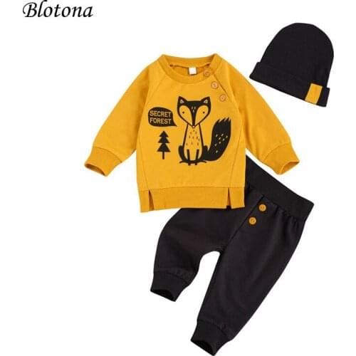 Blotona Children Long Sleeves Long Pants Suit Newborn Boys Animal Printed Clothes Set Autumn Round Collar Outfits with Hat 0-24M