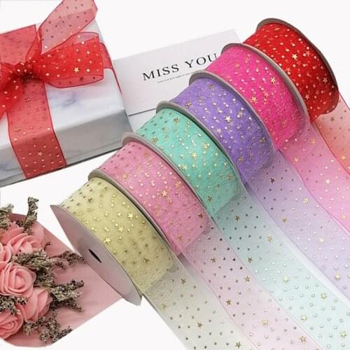 25mm 10 Yards Organza Ribbon Printing Gold Stars For Bow Hair Wedding Christmas Decoration Lace Crafts DIY Gift Package