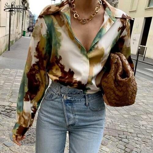 Fashion Autumn 2021 Women Vintage Blouse Turn-down Collar Long-sleeved Long Sleeve Panelled Green Print Loose Shirt Blusas 15160