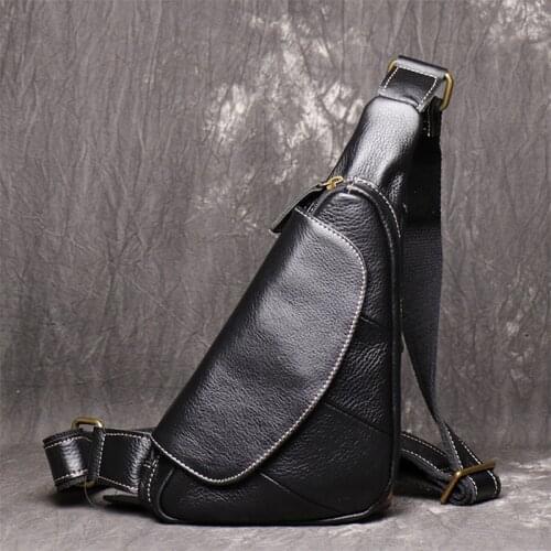 Men Genuine Leather Chest Bag Male Sling Fanny Pack Bags Black Cow Leather Shoulder Bag for Man Travel Phone Crossbody Bag
